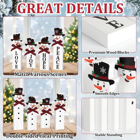 Wooden Snowman Joy Table Centerpiece Sign Winter Tiered Tray Home Decor - Picture 4 of 7